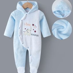 Kookie Kids Full Sleeves Front Open Hooded Footed Romper with Text & Elephant Embroidery - Light Blue-image-91