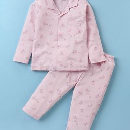 Ben Benny 100% Cotton Knit Full Sleeves Front Open Night Suit With Bunnies Print - Light Pink-image-43