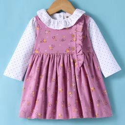 ToffyHouse Interlock Knit Frock & Full Sleeves Inner Tee With Floral & Polka Dot Print - Pink & White-image-5