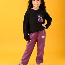 Anthrilo Full Sleeves Space Theme Printed Tee With Fleece Heart Patch Detailed Joggers Set - Black & Purple-image-57