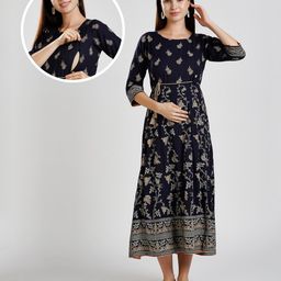 Dummy Shape Viscose Rayon Three Fourth Sleeves Floral Printed Maternity Dress With Nursing Access - Navy Blue-image-7