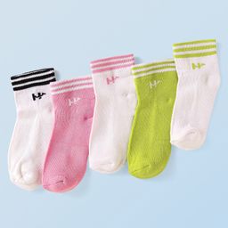 Honeyhap Premium Cotton Knit Bamboo Spandex Ankle Length Bio Finish Solid Socks Pack of 5 - Pink WhiteLime Punch White & Black Stripe-image-95