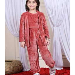 NEUDIS Fleece Full Sleeves Solid Top & Joggers With Shrug Set - Rust Orange-picture-13