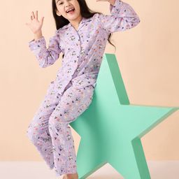 Stylo Bug Viscose Rayon Woven Full Sleeves Bunnies & Floral Printed Coordinating Shirt & Pajama Set - Purple-image-113