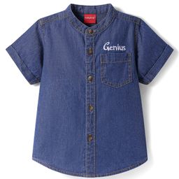 Babyhug Half Sleeve Mandarin Collar Denim Shirt with Text Embroidery - Blue-image-92