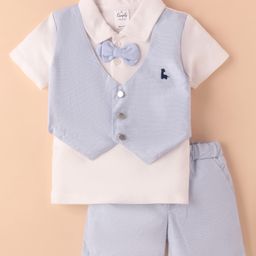 Simply Premium Cotton Woven Half Sleeves Solid Shirt & Shorts With Waistcoat & Bow - Light Blue & White-image-58