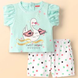Babyhug Single Jersey Knit Half Sleeves Night Suit With Duck & Polka Dot Print - Mint & White-image-42