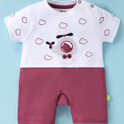 Mini Taurus Interlock Knit Half Sleeves Romper with Helicopter Patch - Wine & White-image-85