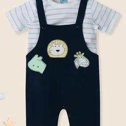 nautinati Nauti Nati Cotton Animal Patch Embroidered Dungaree With Half Sleeves Striped Tee - Blue-picture-18