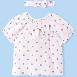 Babyhug Rayon Woven Half Raglan Sleeves Polka Dots Printed Top with Bow Applique & Headband - White-image-29