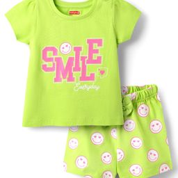 Babyhug Cotton Knit Half Sleeves Shorts Night Suit With Smile Text Print - Lime Green-image-86