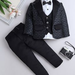 Fourfolds Full Sleeves Abstract Embroidered 3 Piece Party Suit Set With Bow - Grey-image-12