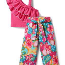 CrayonFlakes Cotton Knit Sleeveless Frill Detailed Top & Floral Printed Palazzo Set - Pink-image-36