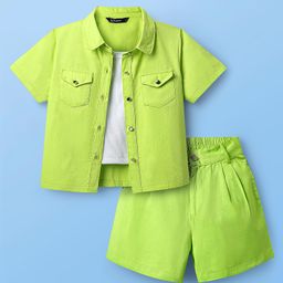 Pine Kids Viscose Rayon Woven Half Sleeves Solid Shirt & Shorts Co-Ord Set With Inner Top - Lime Green-image-88