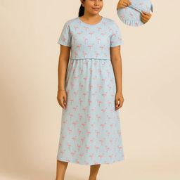 Putchi Cotton Knit Half Sleeves Flamingo Printed Maternity Dress With Two Layer Lift Nursing Access - Teal Blue-picture-0