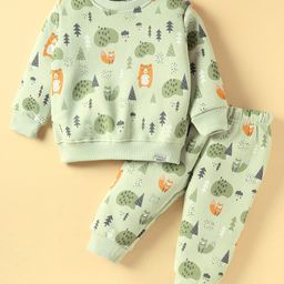 Teddy Fleece Knit Full Sleeves Co-ords Winter Wear Night Suit With Animal Print - Green-image-79