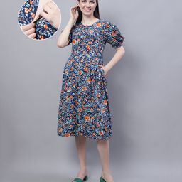 Moms Maternity Poly Crepe Woven Half Puffed Sleeves Floral Printed Maternity Dress With Side Seam Nursing Access - Green & Blue-image-49