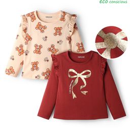 Babyoye Interlock Knit Full Sleeves Teddy Bear & Bow Printed Vests With Eco Jiva Finish & Frill Detailing - Maroon & Peach-picture-23