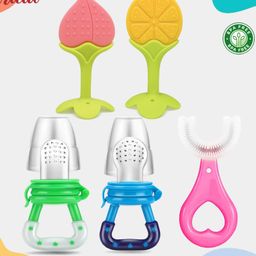 Kritiu Baby 2 Soft Silicone Teethers With 2 Fruit Soother Nibblers And 1 U-Shap Toothbrush BPA Free- Pack of 5 (Multicolor)-picture-4