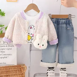 Googo Gaaga Cotton Knit Bunny Printed Top Trousers With Full Sleeves Light Winter Sweater - Pink & Purple-picture-41