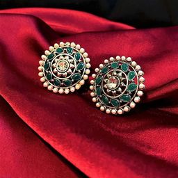 Sangria German Silver Silver-Plated Artificial Stones Studded & Beaded Circular Studs-14