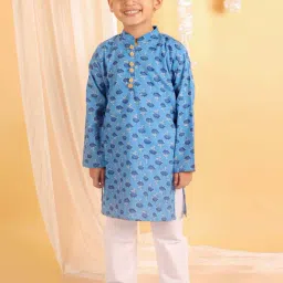 The Mom Store Kids Sky Blue & White Cotton Printed Full Sleeves Kurta Set-image-67