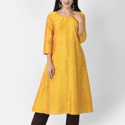 Span Yellow Embroidered A Line Kurta-image-5