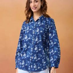 Fabindia Indigo Cotton Dabu Printed Shirt-image-74