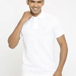 Basics White Cotton Muscle Fit Printed Polo T-Shirt-image-44