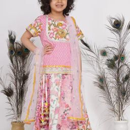 Little Bansi Kids Pink Printed Kurta with Lehenga and Dupatta-picture-16