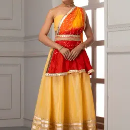 Geroo Jaipur Yellow Handcrafted Gota Work Chanderi Stitched Lehenga Set-image-25