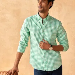 Andamen Green Cotton Slim Fit Checks Shirt-image-18