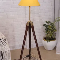 Homesake Brown Wooden Tripod Floor Lamp with Yellow Shade - Set of 1-17