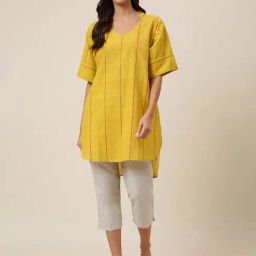 Fabindia Yellow Cotton Embroidered Straight Short Kurti-image-74