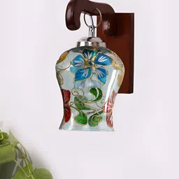 Devansh Brown & Blue Printed Wood Traditional Wall Lamp-image-8