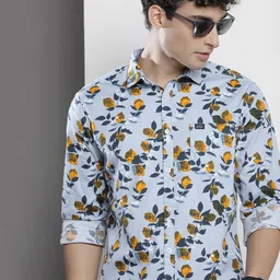 The Indian Garage Co Men Turquoise Blue & Yellow Floral Printed Cotton Casual Shirt-image-12