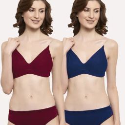 AROUSY Maroon & Blue Cotton Bra Panty Set - Pack Of 2-image-58