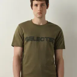 SELECTED HOMME Burnt Olive Slim Fit Logo Print Cotton Crew T-Shirt-image-93