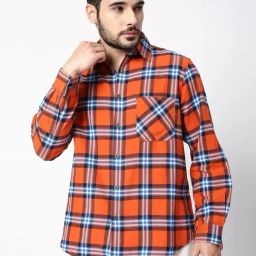 Blamblack Orange Cotton Regular Fit Checks Shirt-image-55