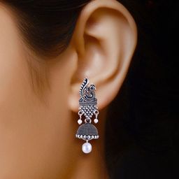 MEENAZ Set Of 4 Silver-Plated Peacock Shaped Oxidised Jhumkas image 5