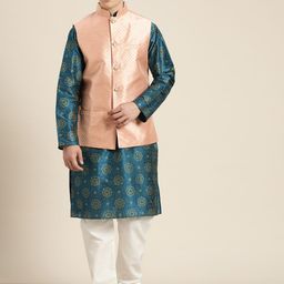 SOJANYA Men Teal Blue & Gold Floral Straight Kurta Churidar & Woven Design Nehru Jacket-picture-38