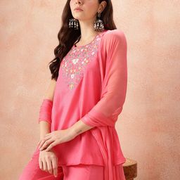all about you Floral Embroidered Thread Work Detail Satin Kurti with Palazzos & Dupatta-image-51