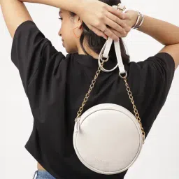Fastrack Circular White Solid Faux Leather Sling Handbag-image-72