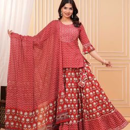 KALINI Women Floral Printed Regular Pure Cotton Kurti with Skirt & Dupatta-picture-14
