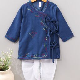 Babyhug Cotton Full Sleeves Kurta and Dhoti Set with Embroidery Solid Colour - Denim Blue-image-60
