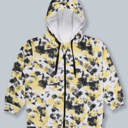 Kiddopanti Full Sleeves Cotton Fleece Tie & Dye Front Zip Opening Full Sleeve Hooded Sweatshirt - Yellow & Black-picture-35