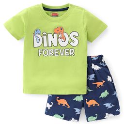 Babyhug Cotton Knit Half Sleeves Night Suit With Dino Print - Green & Blue-image-88