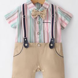 Mark & Mia Half Sleeves Party Wear Striped Romper with Bow - Multicolor-image-82