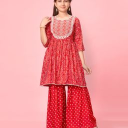 Aarika Three Fourth Sleeves Floral Printed & Embroidered Kurta With Gharara - Orange & Red-image-17