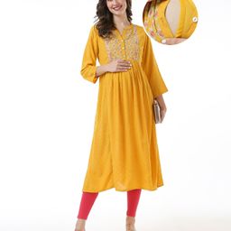 Bella Mama Woven Embroidered Yoke Three Fourth Sleeves Maternity Kurta With Pocket - Yellow-image-53